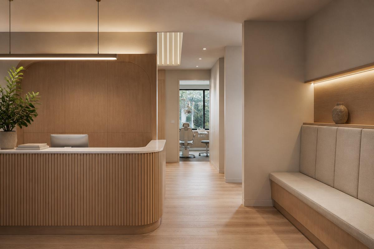 Minimal modern dental clinic reception with light oak millwork