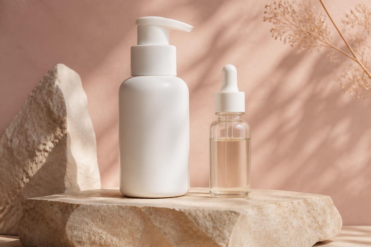 Clean whitening product still life on warm stone