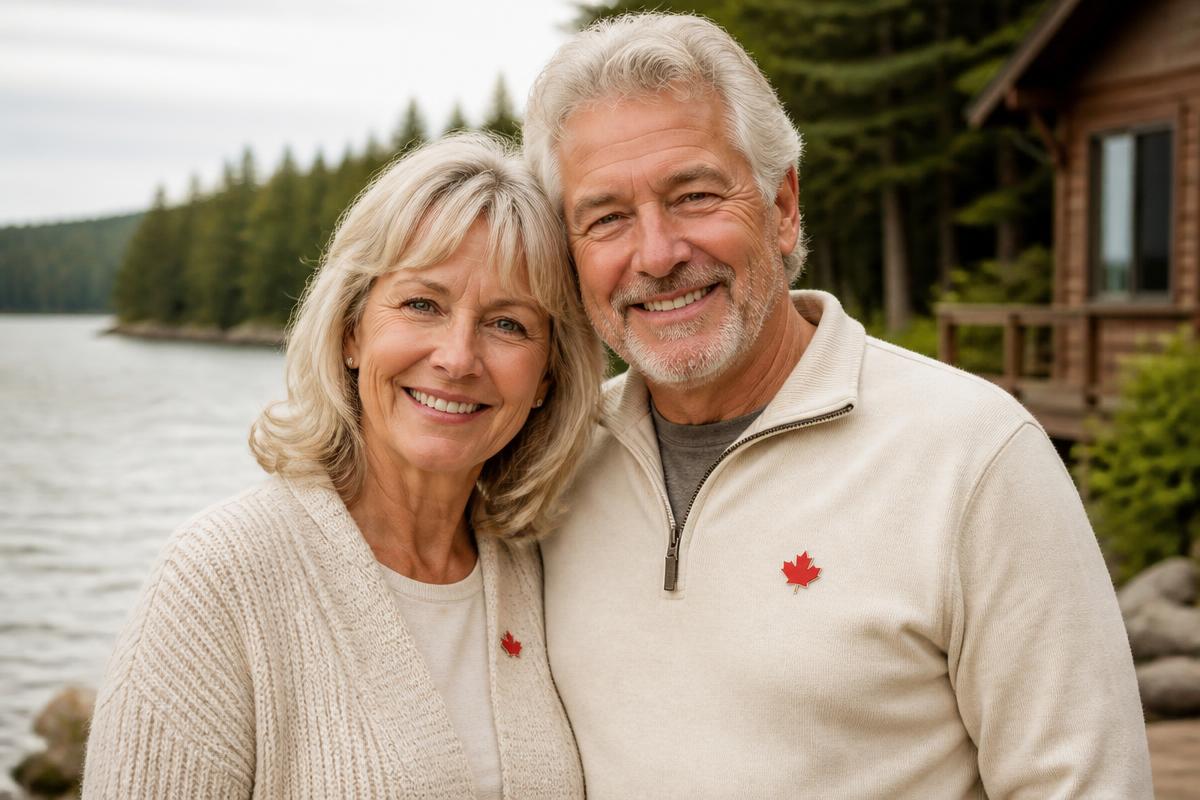 A smiling older Canadian couple outdoors by a lake