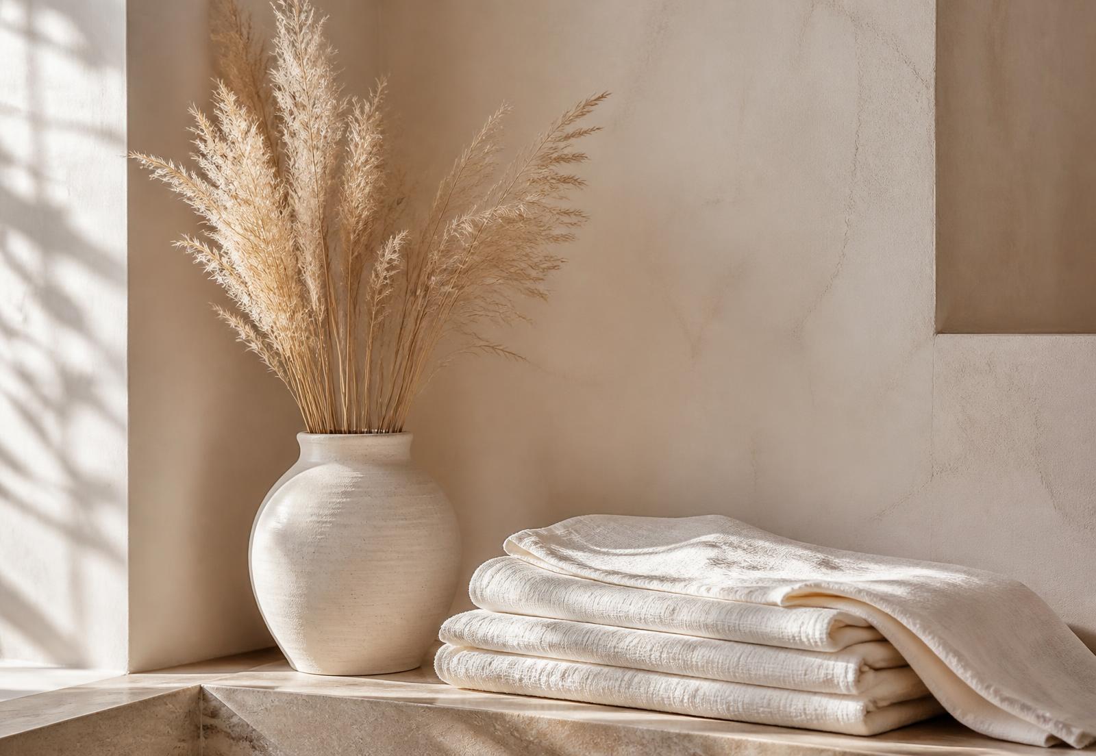 Calm neutral interior detail with dried grasses and folded linen