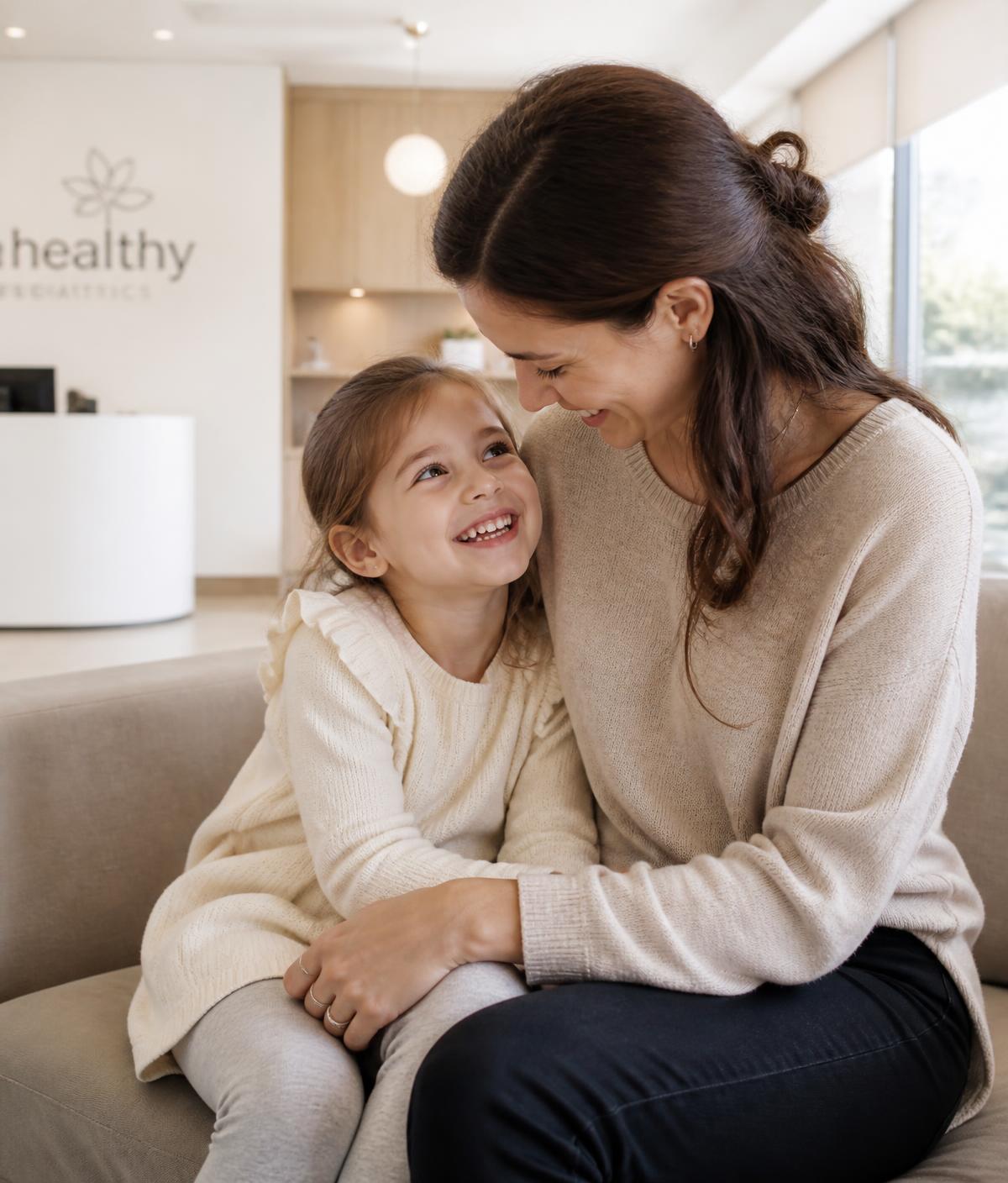 Parent and smiling child in a bright clinic lounge